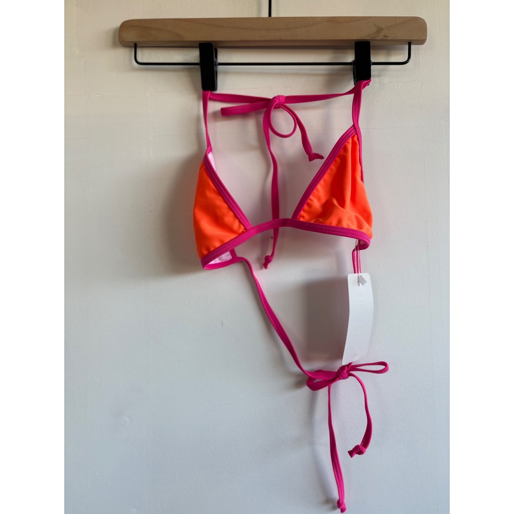 Musera Neon Orange Pink Triangle Bikini Top String Halter Swimwear Small NEW